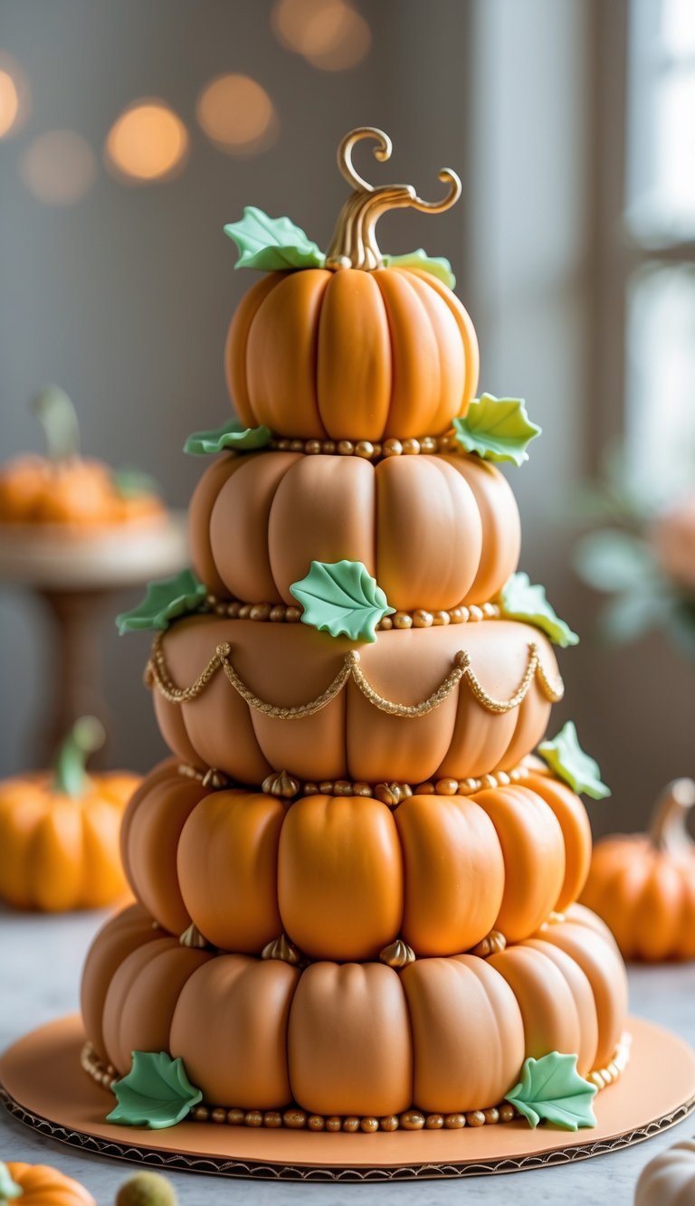 A tiered cake designed to look like stacked baby pumpkins with gold accents and green leaves on top.